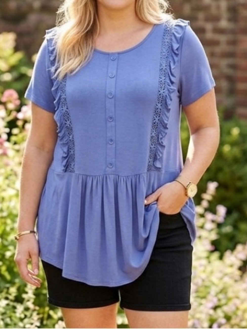 2X Women's Purple Ruffle Button-Down Top with Lace Inserts.